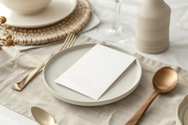 Card mockup on empty modern minimal table place setting neutral beige color