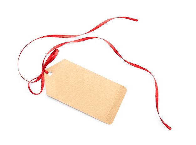 Card note with red ribbon on white background