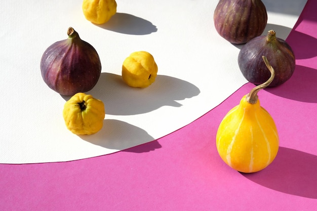 Card with Autumn colors Purple fig yellow quince fruits and pumpkin on vibrant fuchsia magenta