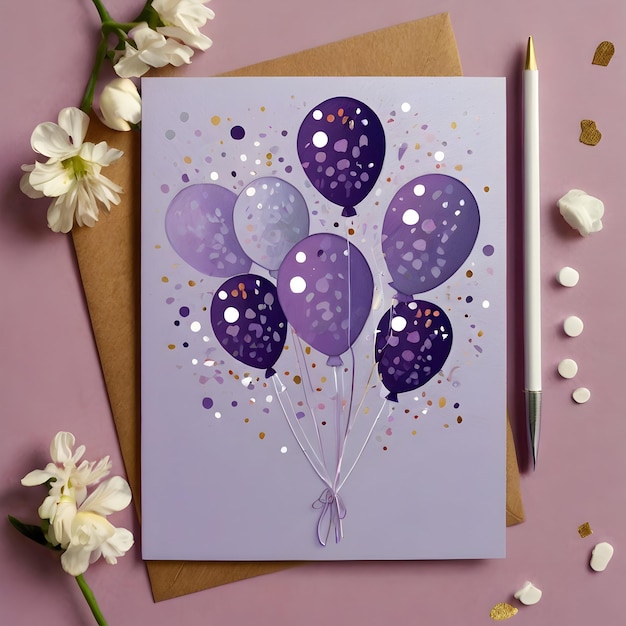 Photo a card with balloons and a card with a card that says  happy birthday