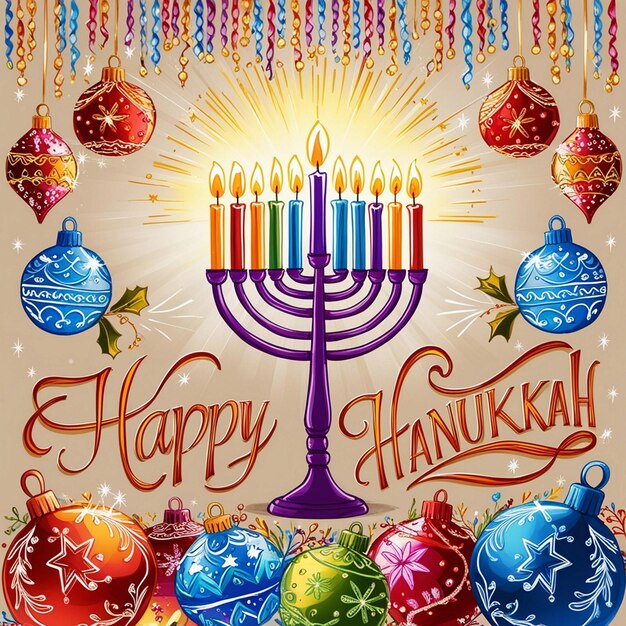 a card with a colorful menorah and a colorful star on it