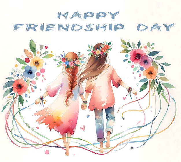 a card with a couple of girls holding hands and a flower wreath with the words happy friendship