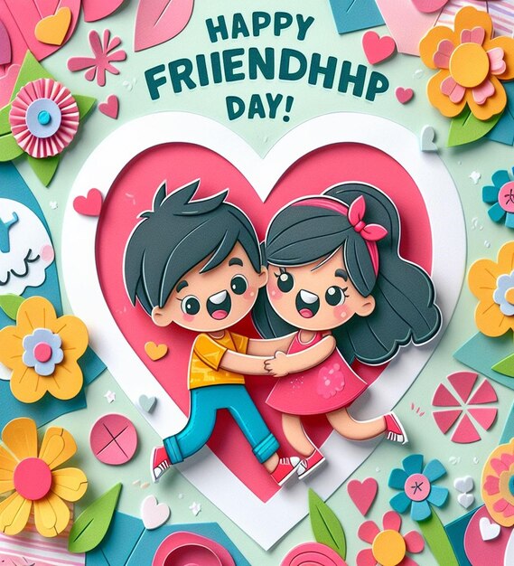 a card with a couple hugging and a heart that says happy friendship