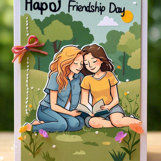 a card with a couple reading friendship day with a girl reading happy friendship