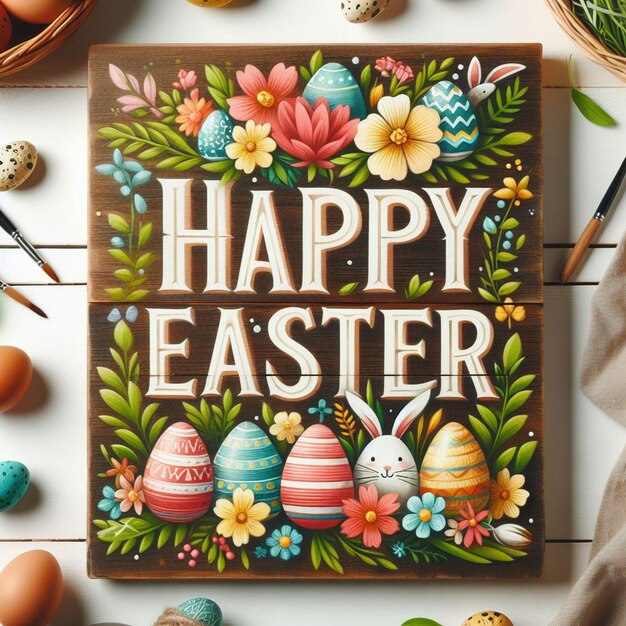 a card with easter eggs on it with a bunny on the top