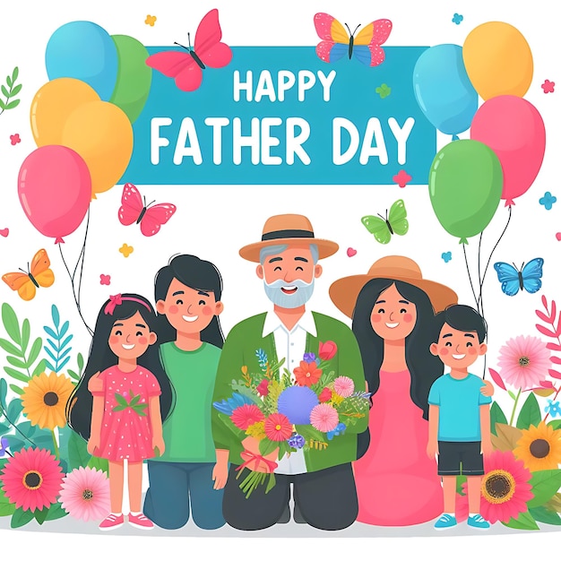 a card with a family and flowers and a picture of fathers day