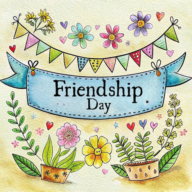 a card with flowers and a banner that says friendship day