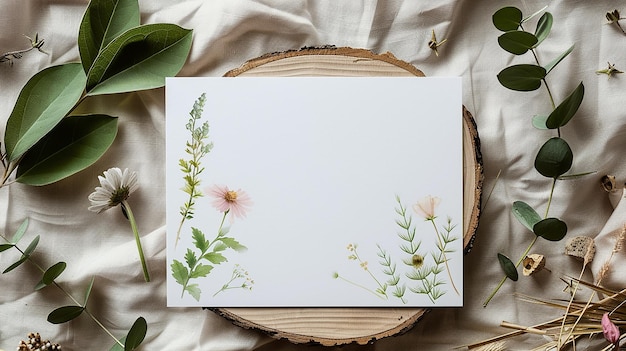 a card with flowers on it is on a wooden tray