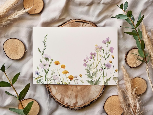 a card with flowers and a picture of flowers on a white cloth