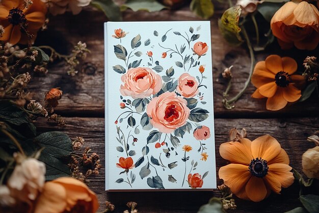 Photo a card with flowers and a picture of flowers on a wooden table