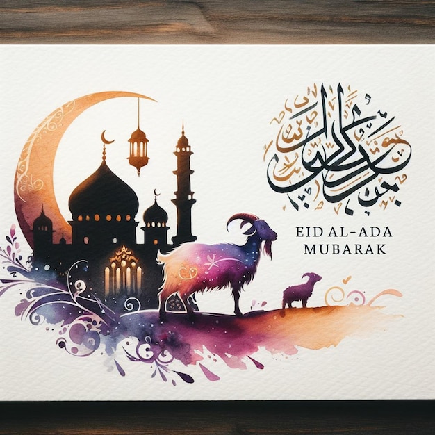 a card with a goat and mosque on it