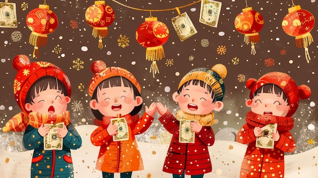 a card with a group of children playing in the snow with a bunch of money hanging from a string