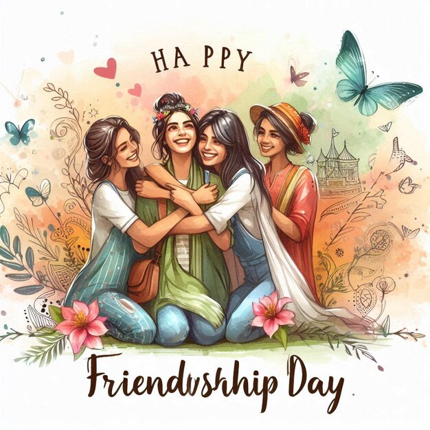 Photo a card with a group of girls hugging and a couple of butterflies that say friendship day