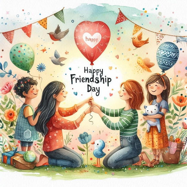 a card with a happy friendship and a girl and a heart with a bird in the background