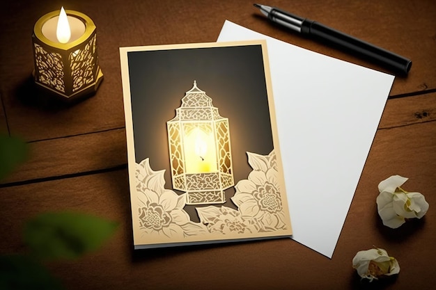 A card with a lantern on it that says ramadan.