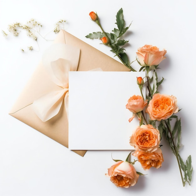 A card with orange roses is next to a envelope and a card with a bow.