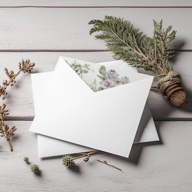 a card with a picture of a pine branch and a card with a card in the middle.