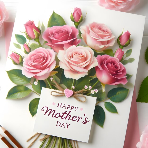 a card with pink roses on it with a card that says happy mothers day