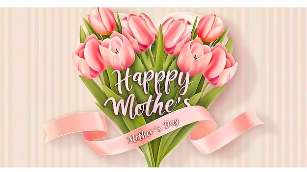 a card with pink tulips and a pink ribbon that says happy mothers day