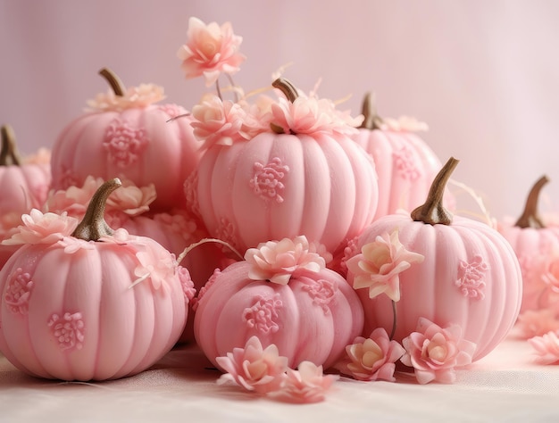 A card with pumpkins painted in a delicate pink color decorated with flowers for Halloween