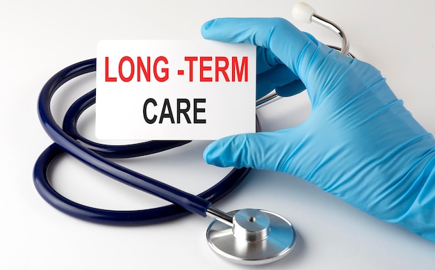 Card with text LONG TERM CARE pills and stethoscope Medical concept