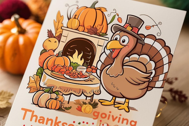 Photo a card with a turkey and pumpkins on it