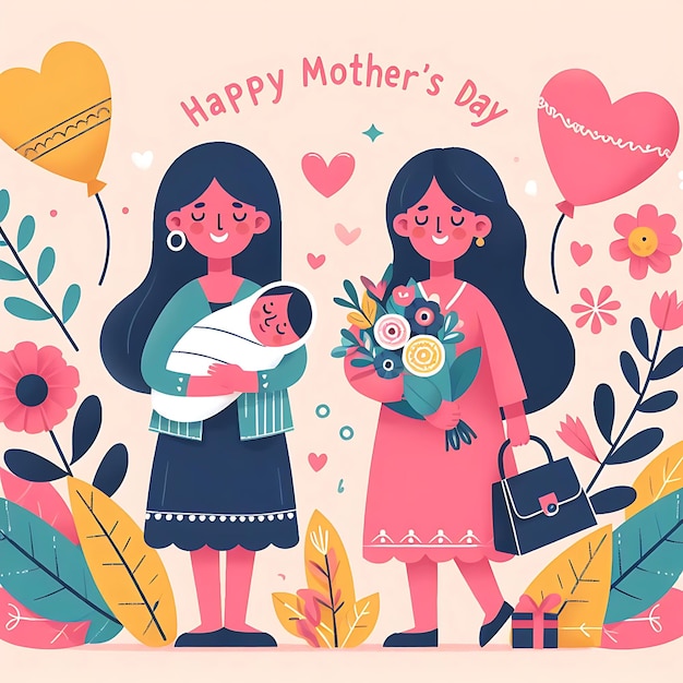 a card with two girls and a baby and a heart with the words happy mothers