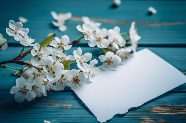 A card with white flowers on a blue wooden table