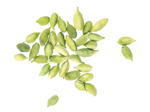 Cardamom pods isolated on white background green cardamon seeds clipping path top view