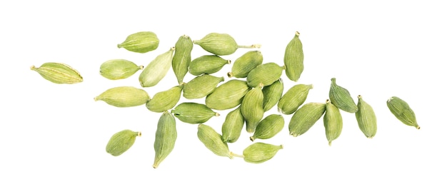 Cardamom pods isolated on white background green cardamon seeds clipping path top view