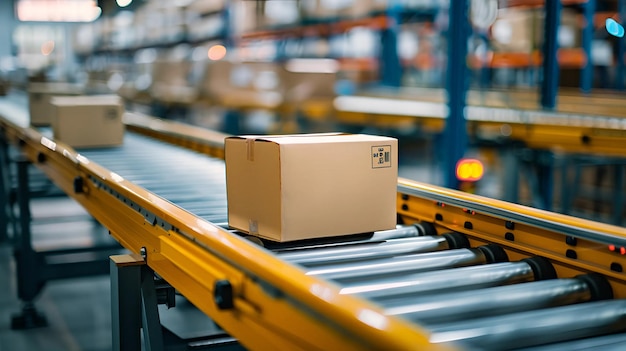 Cardboard box on a conveyor belt in a distribution warehouse representing ecommerce logistics