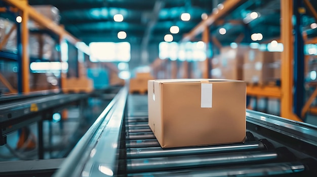 Cardboard box on a conveyor belt in a large distribution warehouse Concepts logistics shipping