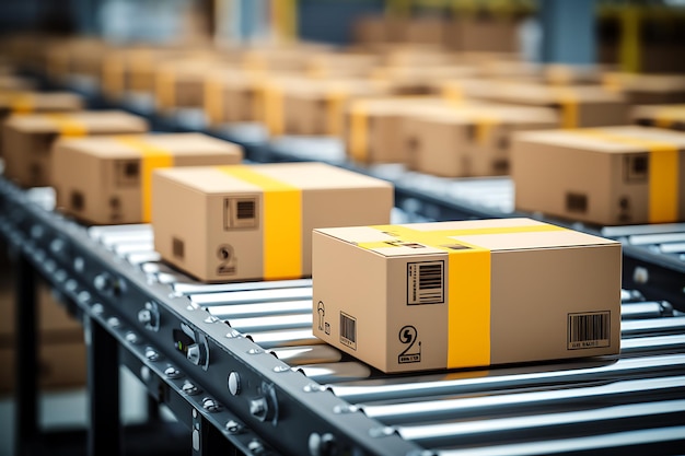 Cardboard box on conveyor belt for shipping sending to go