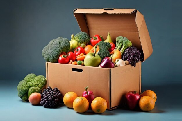 Cardboard box filled with vibrant vegetables and fruits Ideal for food delivery and supporting food