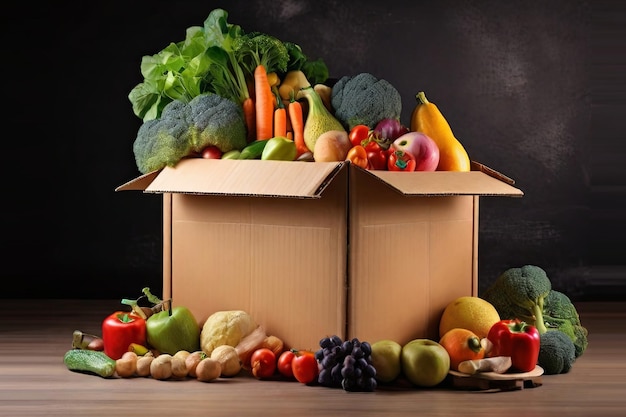 Cardboard box filled with vibrant vegetables and fruits Ideal for food delivery and supporting food