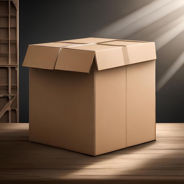 A cardboard box is sitting on a wooden table