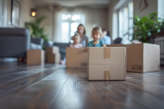 Cardboard box in living room family blur on background