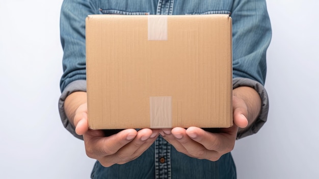 cardboard box in male hands isolated on white background