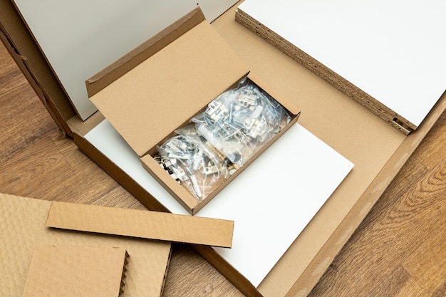 Cardboard box, packaging with new furniture and fittings for assembly at home