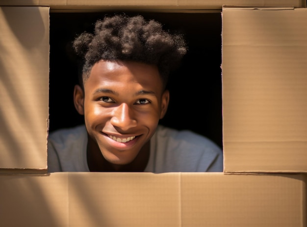 Cardboard box Unpacking concept a delivery man hiding in a carton package