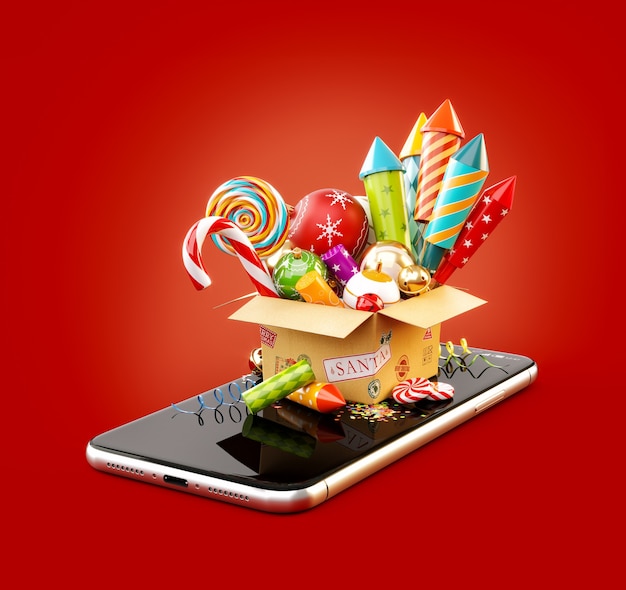 Cardboard box with fireworks, candy cane and christmas baubles on smartphone. Unusual 3d illustration of christmas application. Merry Christmas and a Happy New Year concept.