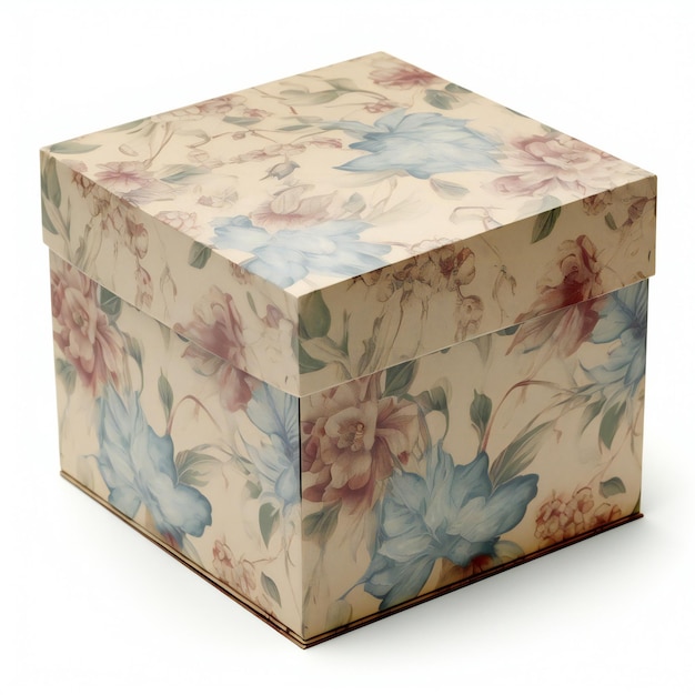 Cardboard box with floral pattern on white background