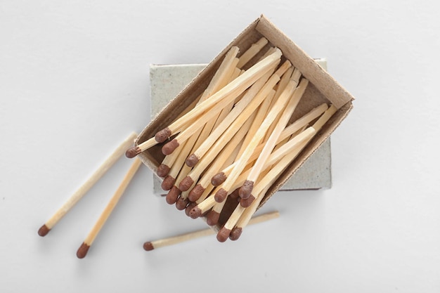 Cardboard box with matches on white background top view