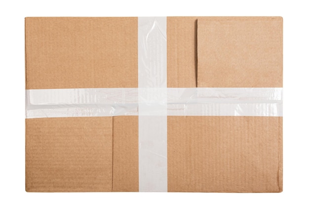 Cardboard box with white sticky tape isolated on white background