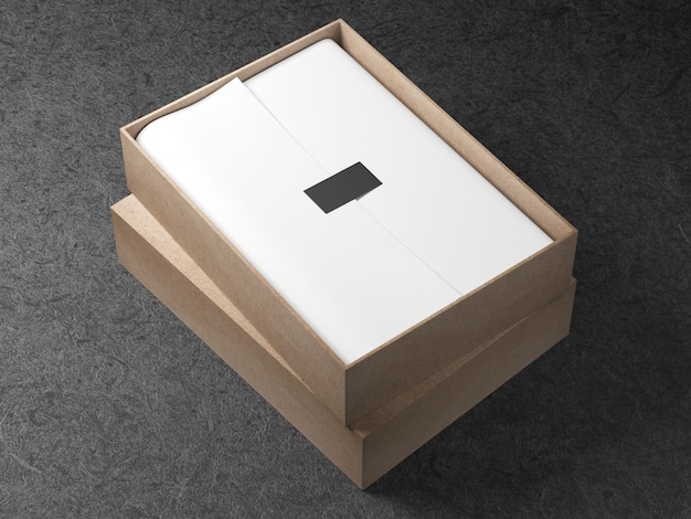 Cardboard Box with White wrapping paper and black label sticker. Horizontal, 3d rendering