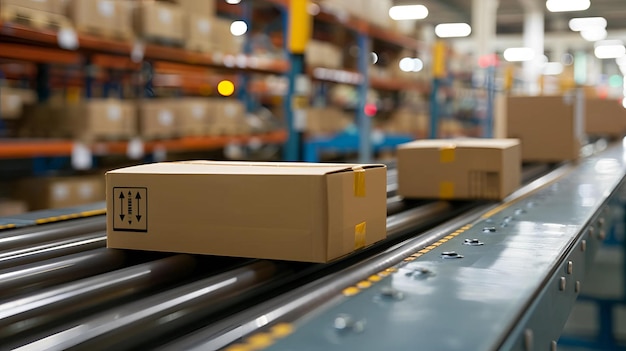 Cardboard boxes on a conveyor belt in a distribution warehouse Concept of shipping logistics delivery ecommerce and industry