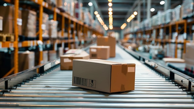 Cardboard boxes on a conveyor belt in a distribution warehouse Concepts logistics delivery shipping