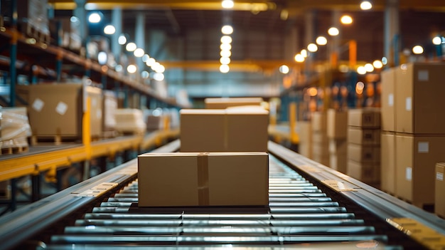 Cardboard boxes on a conveyor belt in a distribution warehouse Concepts logistics shipping delivery