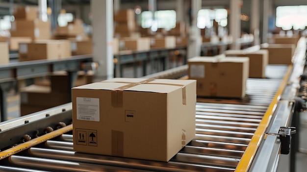 Cardboard boxes on a conveyor belt in a distribution warehouse or factory Concept of logistics shipping delivery ecommerce and industry