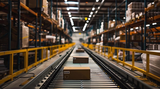 Cardboard boxes on a conveyor belt in a modern warehouse Concepts distribution logistics retail ecommerce delivery industry and supply chain